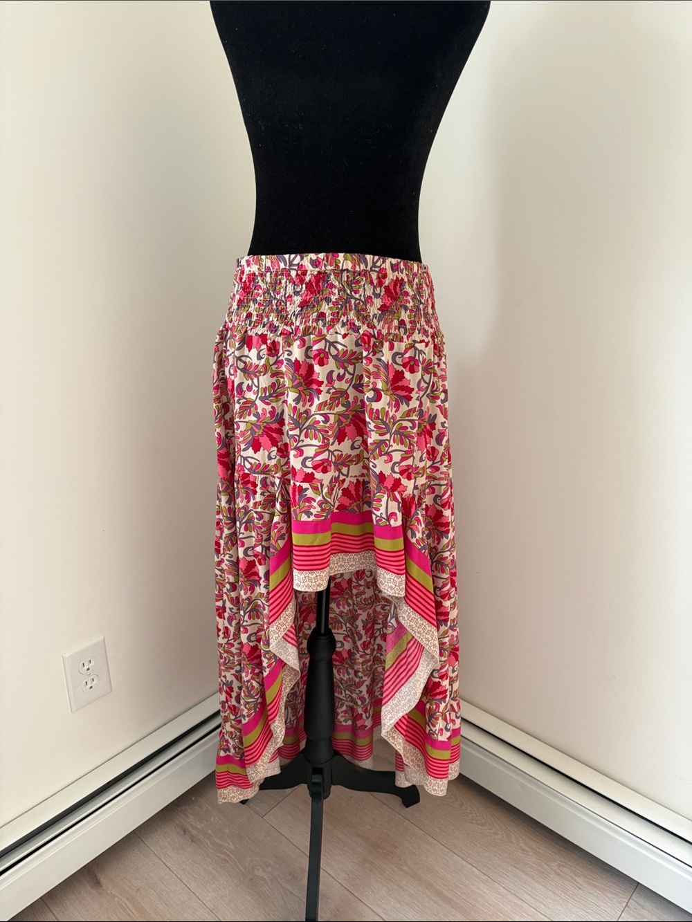 Pink Floral High-Low Boho Skirt with Stripe Accents